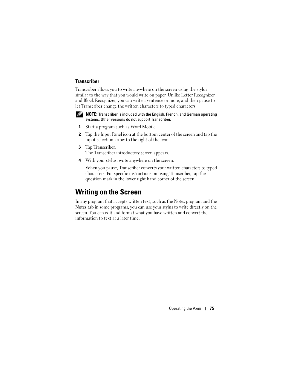 Transcriber, Writing on the screen | Dell X50 Upgrade User Manual | Page 75 / 170