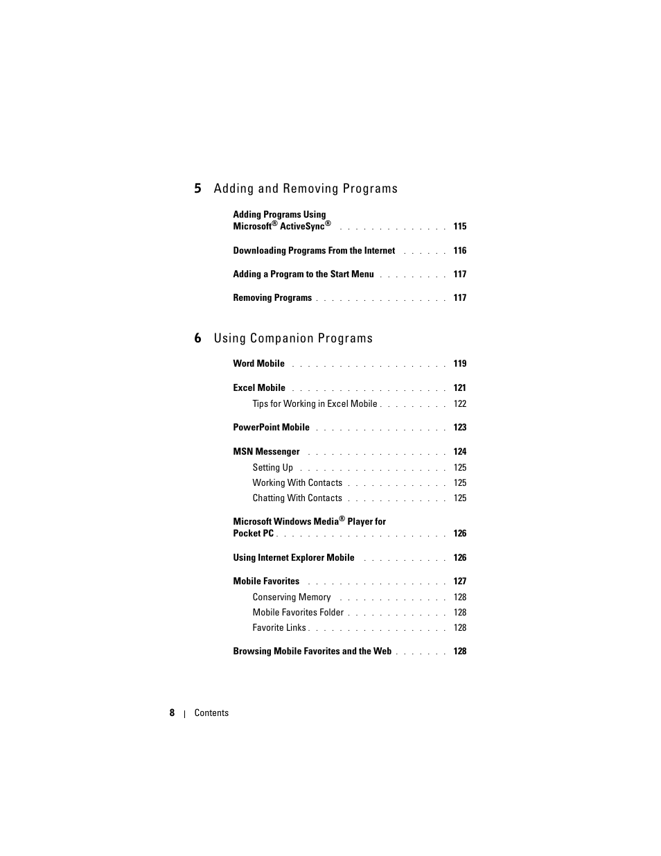 5 adding and removing programs, 6 using companion programs | Dell X50 Upgrade User Manual | Page 8 / 170