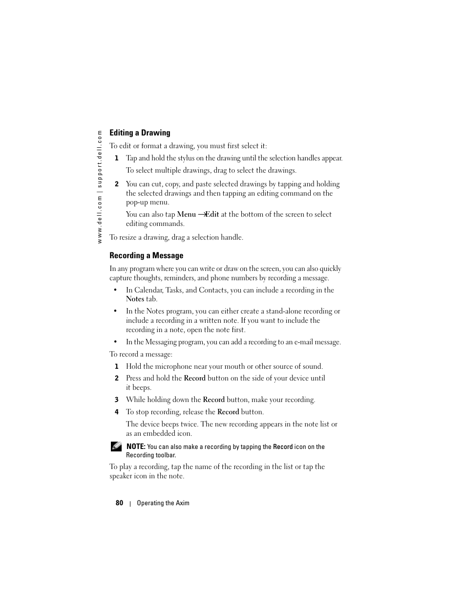 Editing a drawing, Recording a message | Dell X50 Upgrade User Manual | Page 80 / 170