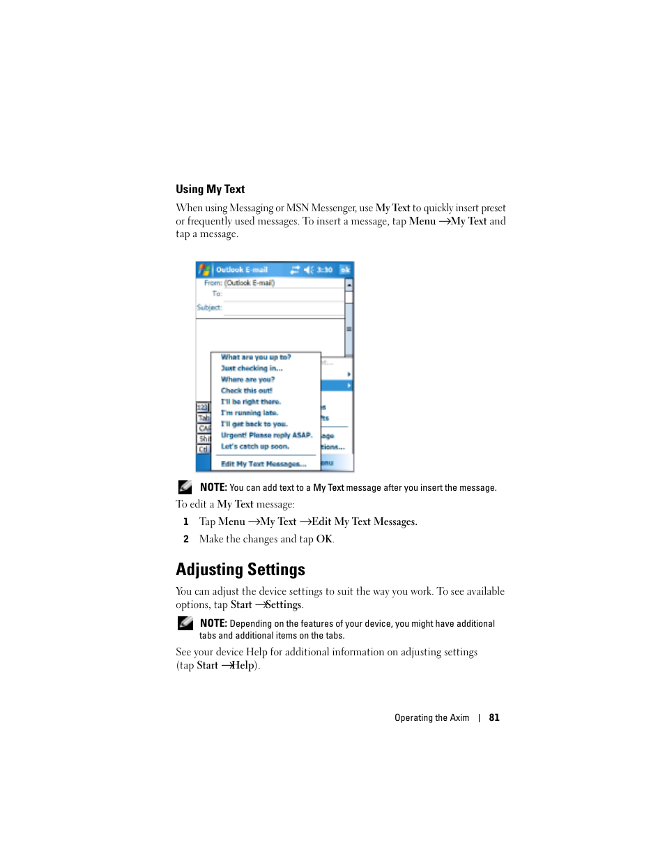 Using my text, Adjusting settings | Dell X50 Upgrade User Manual | Page 81 / 170
