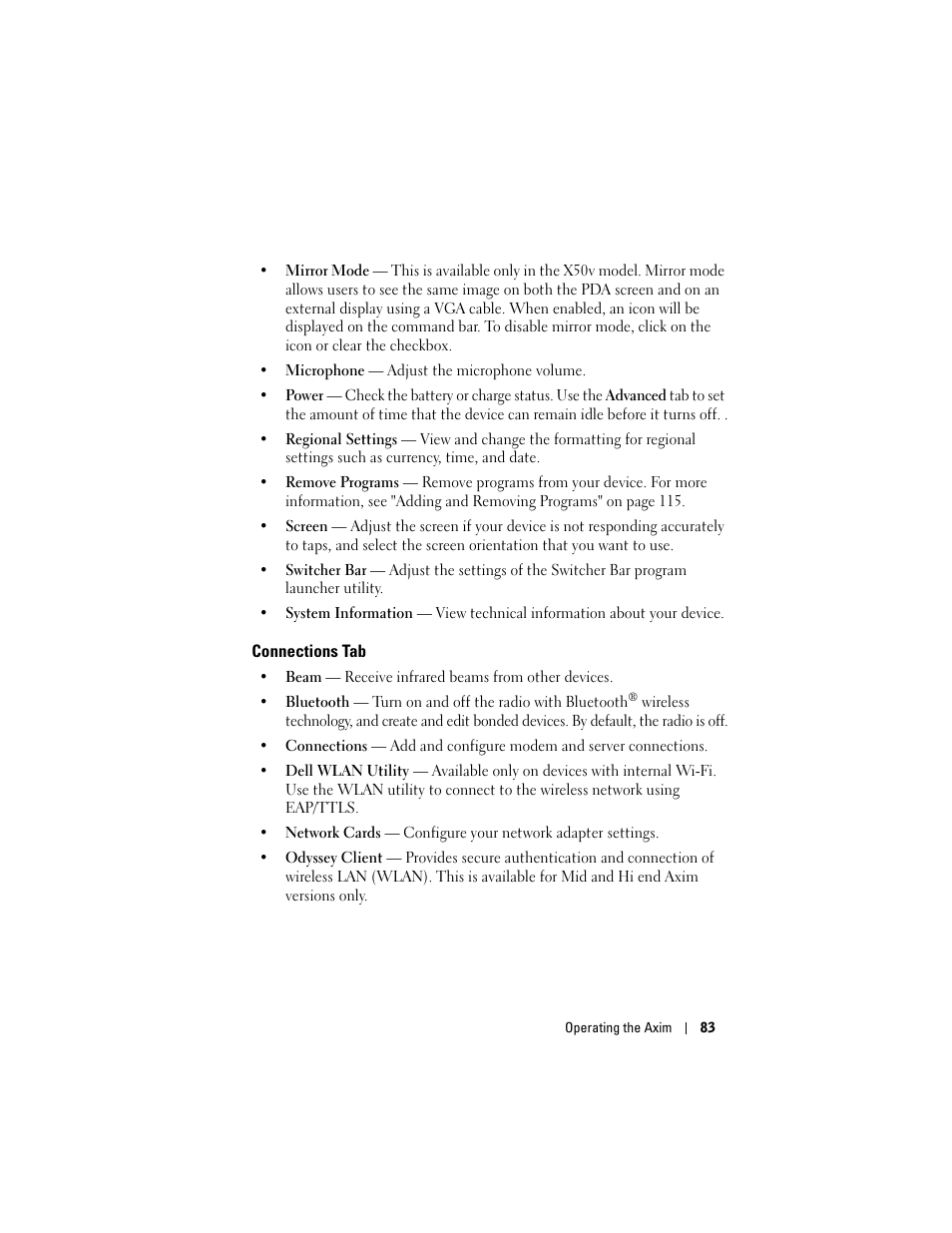 Connections tab | Dell X50 Upgrade User Manual | Page 83 / 170