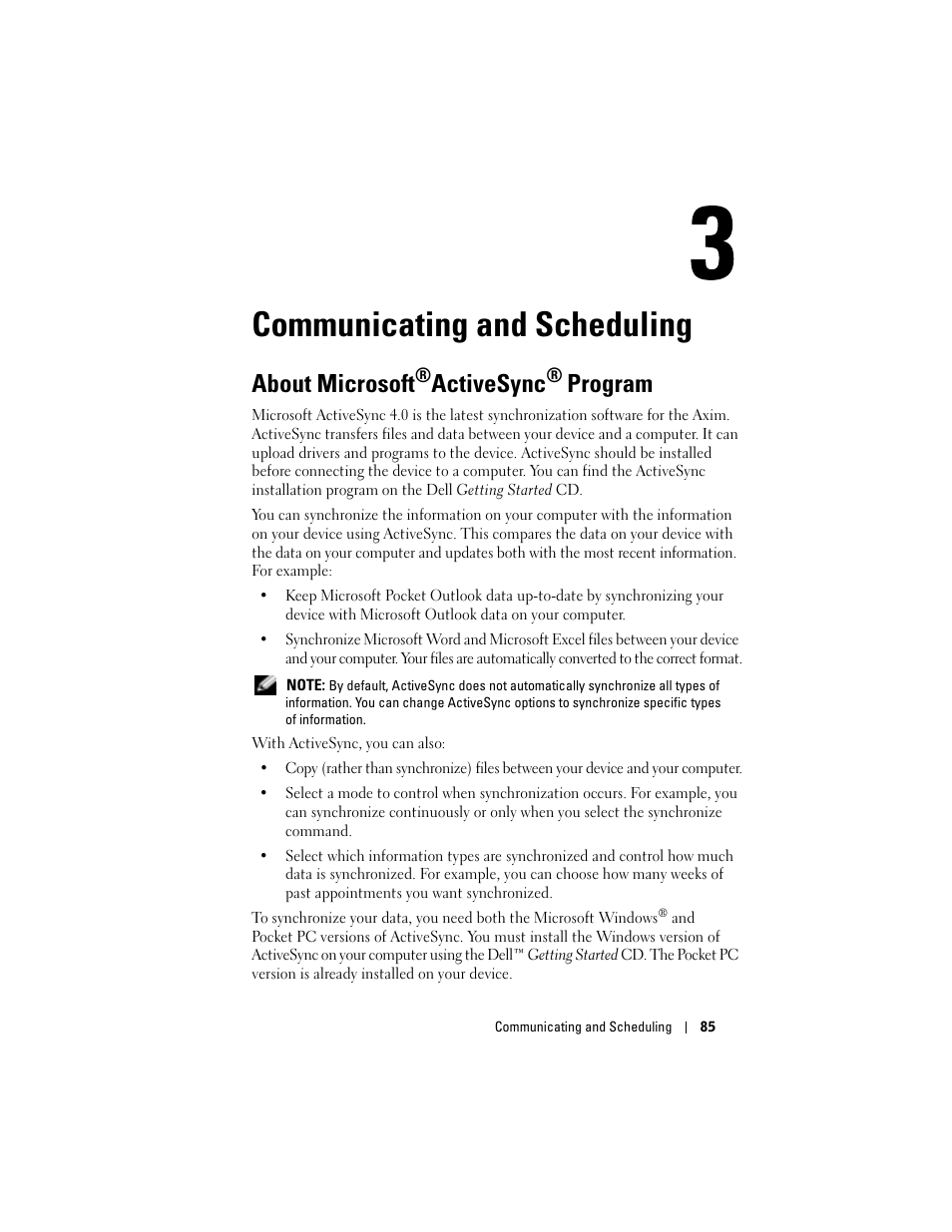Communicating and scheduling, About microsoft®activesync® program, About microsoft | Activesync, Program | Dell X50 Upgrade User Manual | Page 85 / 170