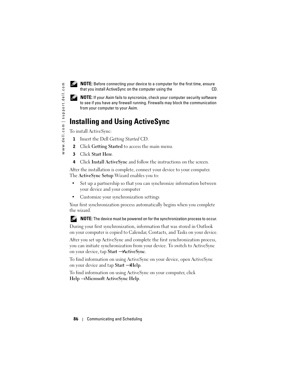 Installing and using activesync | Dell X50 Upgrade User Manual | Page 86 / 170