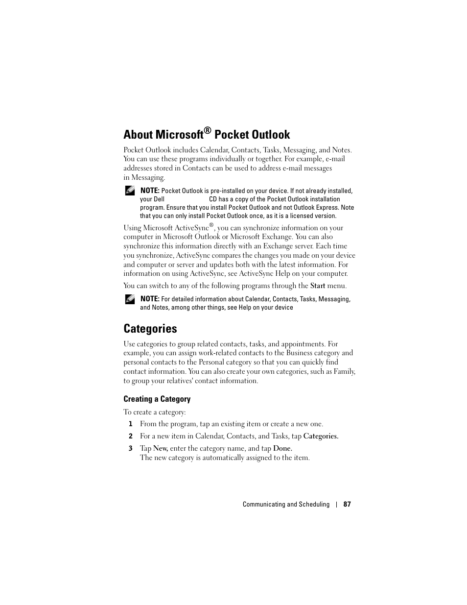 About microsoft® pocket outlook, Categories, Creating a category | About microsoft, Pocket outlook | Dell X50 Upgrade User Manual | Page 87 / 170