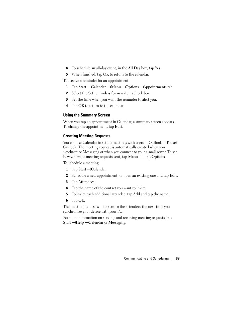 Using the summary screen, Creating meeting requests | Dell X50 Upgrade User Manual | Page 89 / 170