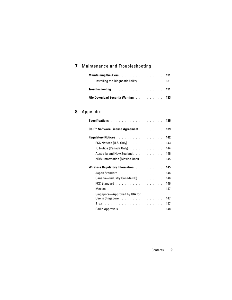 7 maintenance and troubleshooting, 8 appendix | Dell X50 Upgrade User Manual | Page 9 / 170