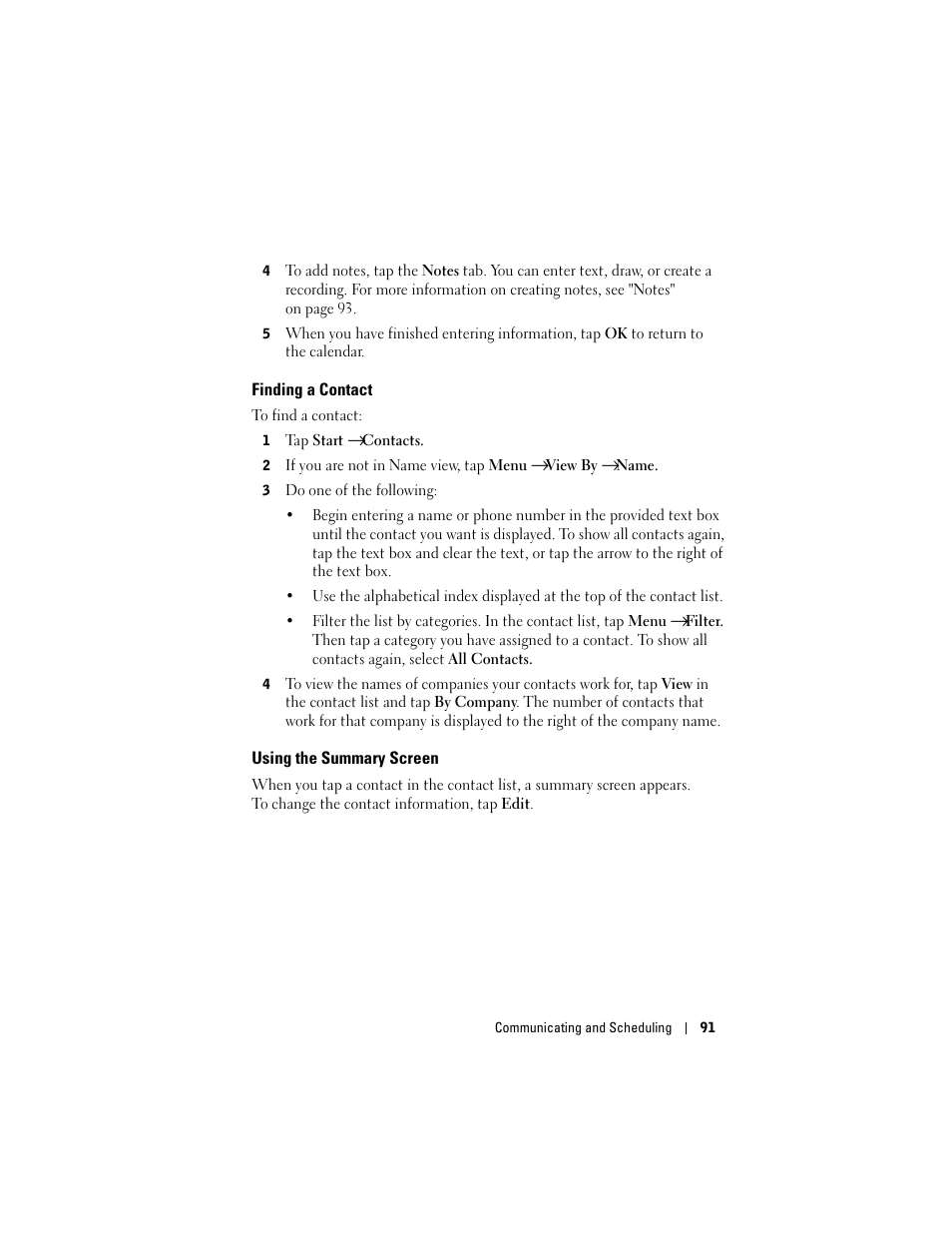 Finding a contact, Using the summary screen | Dell X50 Upgrade User Manual | Page 91 / 170