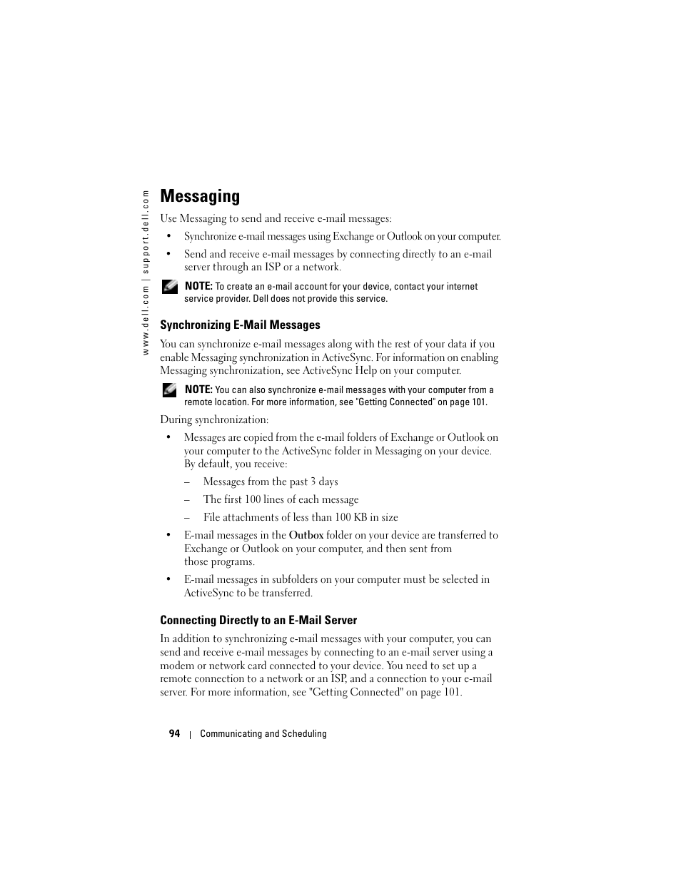 Messaging, Synchronizing e-mail messages, Connecting directly to an e-mail server | Dell X50 Upgrade User Manual | Page 94 / 170