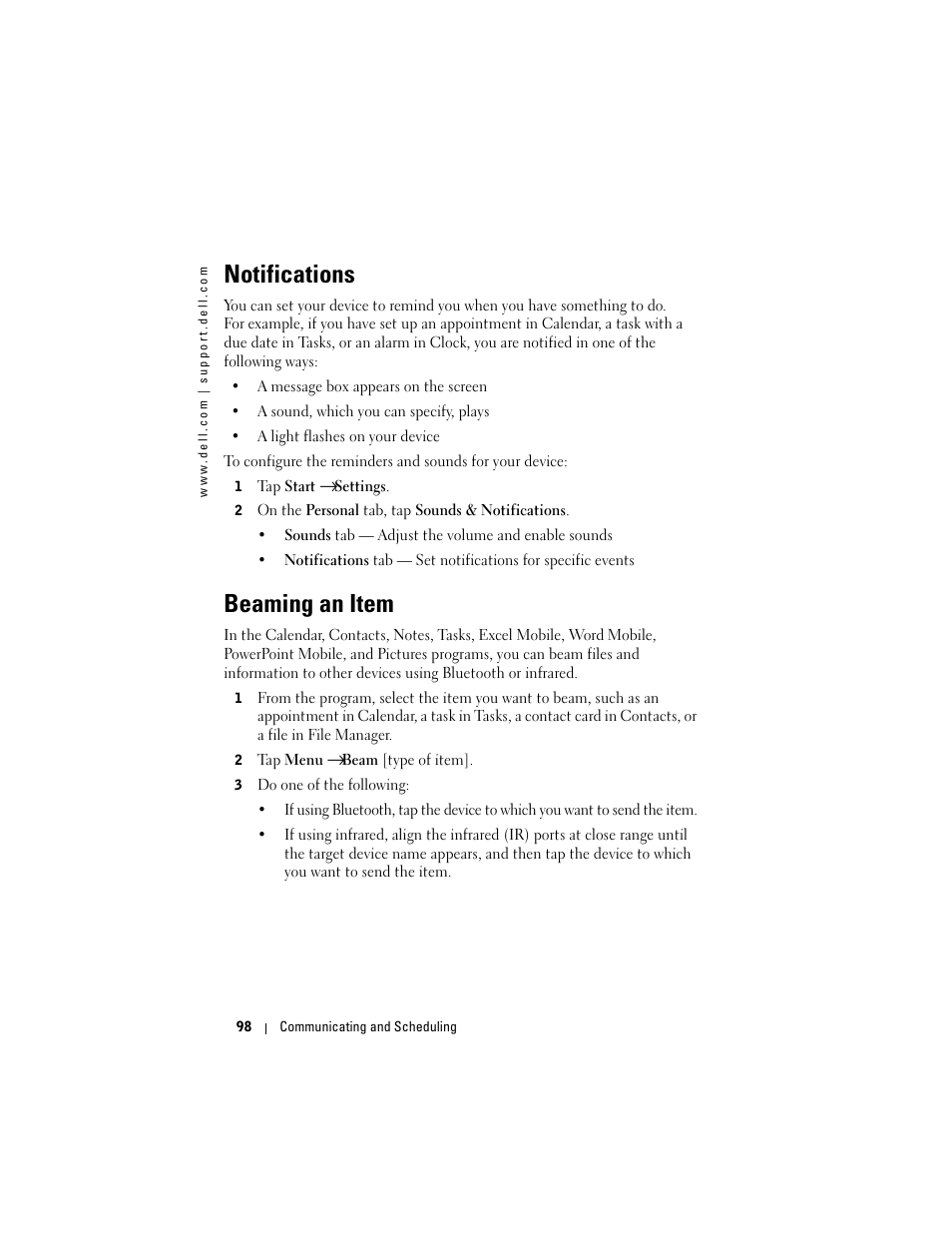 Notifications, Beaming an item | Dell X50 Upgrade User Manual | Page 98 / 170