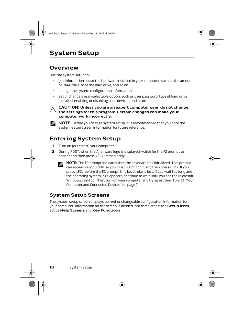 System setup, Overview, Entering system setup | Dell Alienware X51 R2 (Early 2013) User Manual | Page 10 / 18