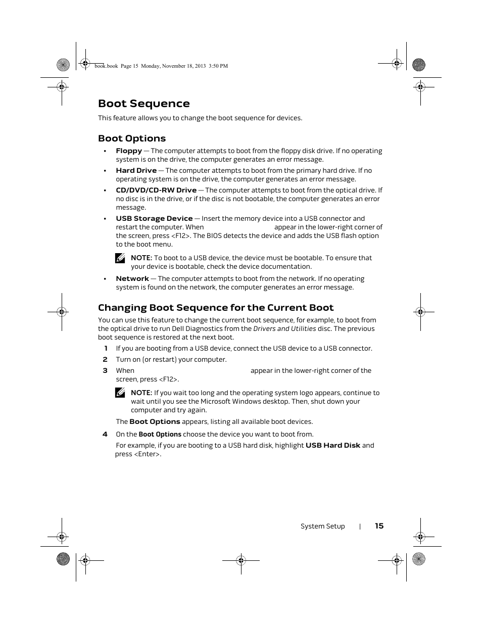 Boot sequence, Boot options, Changing boot sequence for the current boot | Dell Alienware X51 R2 (Early 2013) User Manual | Page 15 / 18