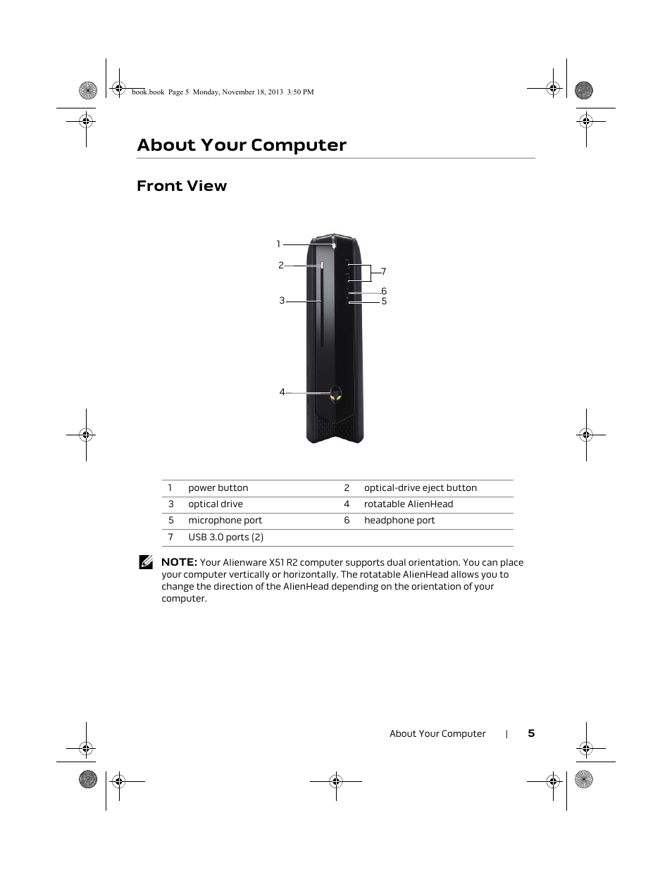 About your computer, Front view | Dell Alienware X51 R2 (Early 2013) User Manual | Page 5 / 18