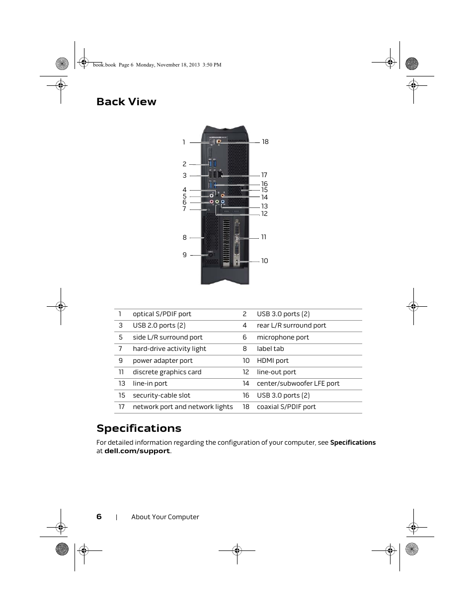 Back view, Specifications, Back view specifications | Dell Alienware X51 R2 (Early 2013) User Manual | Page 6 / 18