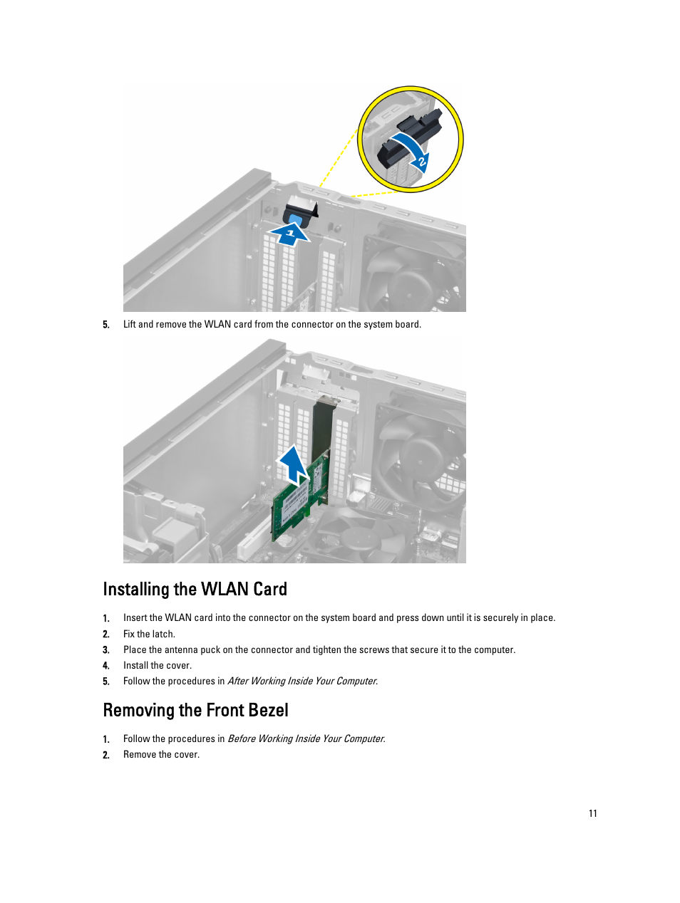 Installing the wlan card, Removing the front bezel | Dell OptiPlex 7010 (Mid 2012) User Manual | Page 11 / 62