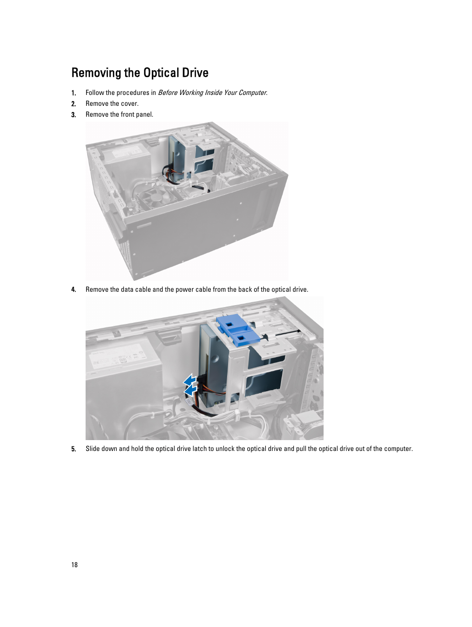 Removing the optical drive | Dell OptiPlex 7010 (Mid 2012) User Manual | Page 18 / 62