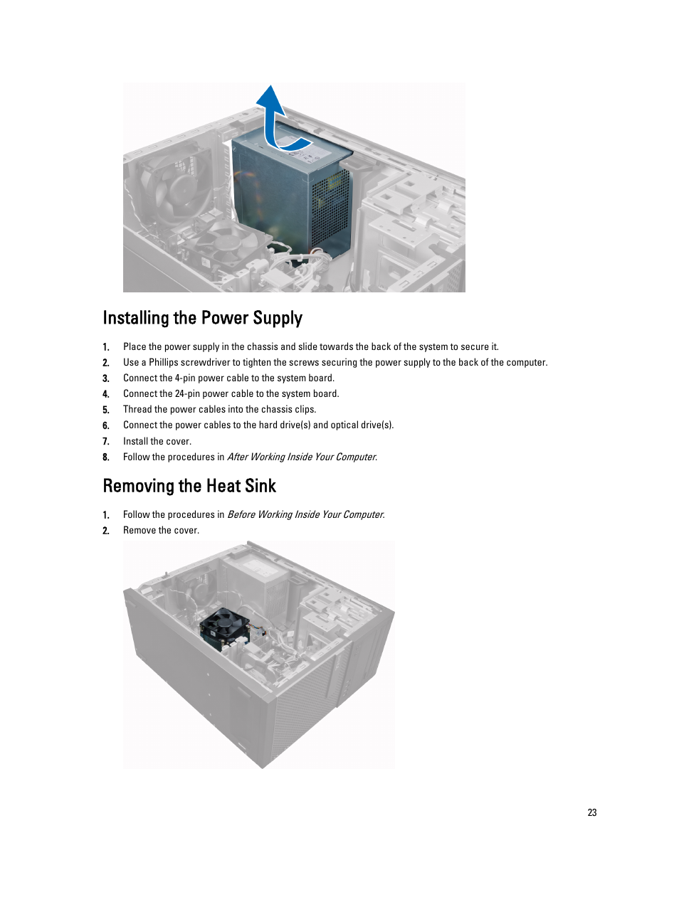 Installing the power supply, Removing the heat sink | Dell OptiPlex 7010 (Mid 2012) User Manual | Page 23 / 62