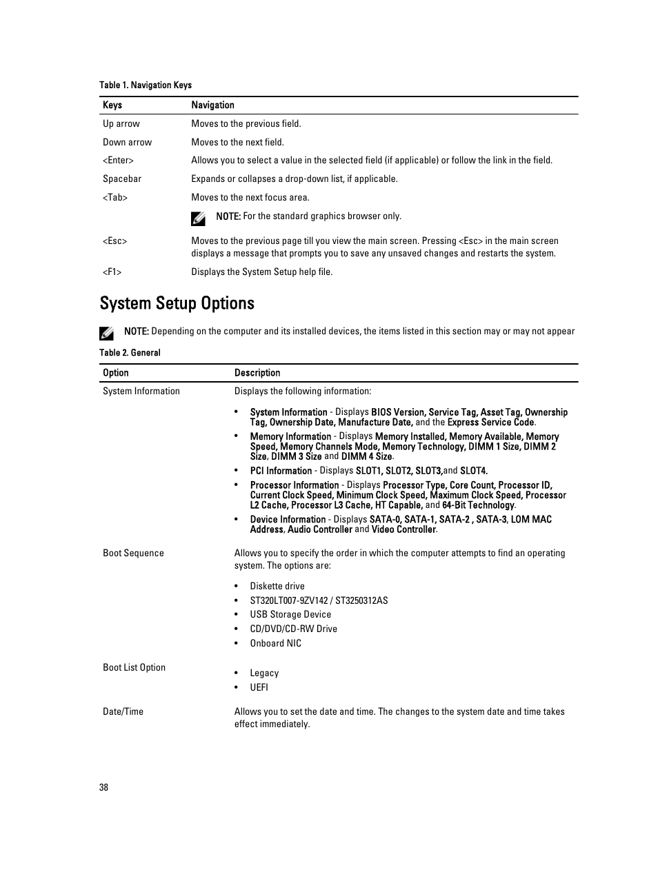 System setup options | Dell OptiPlex 7010 (Mid 2012) User Manual | Page 38 / 62