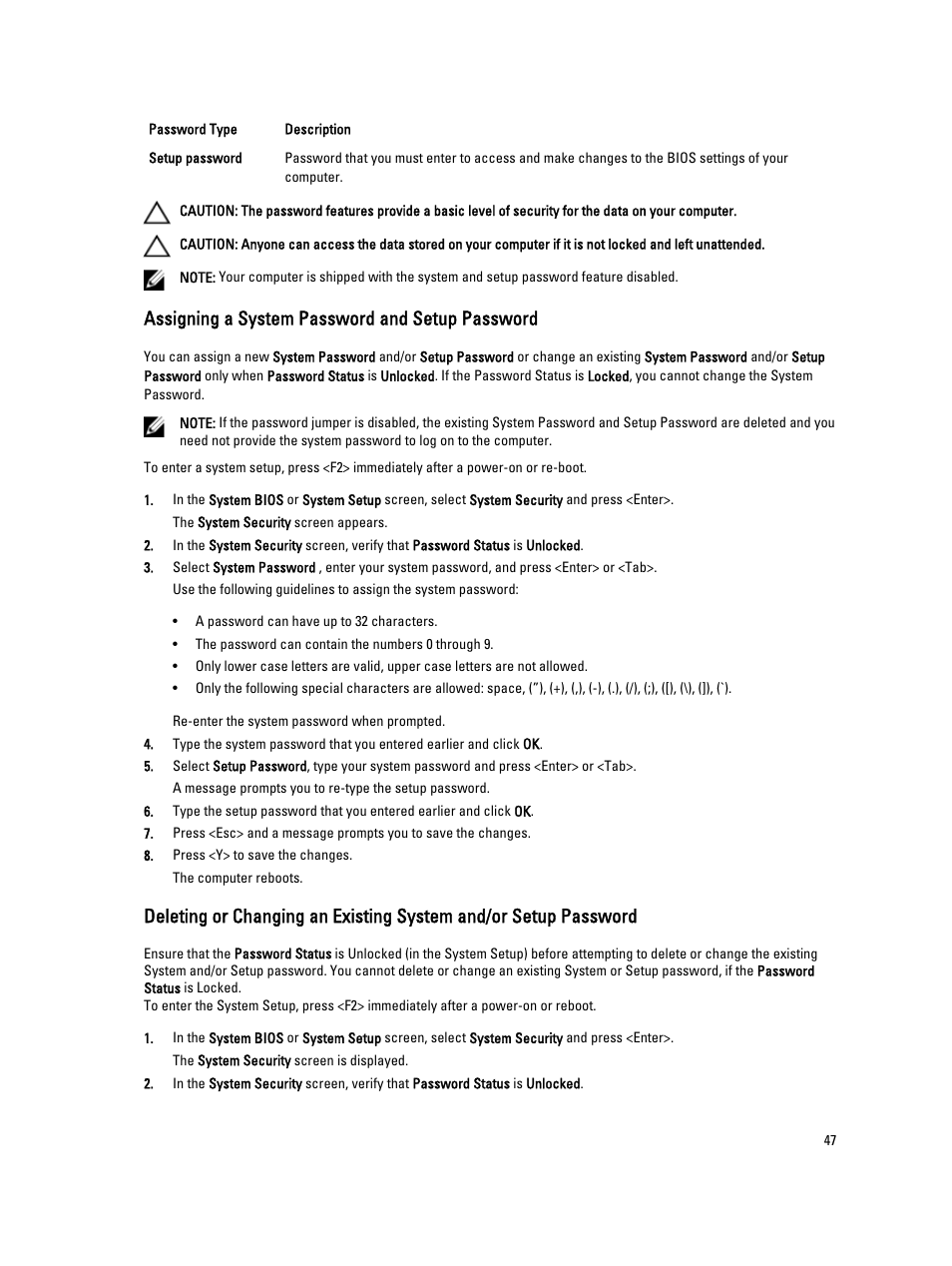 Assigning a system password and setup password | Dell OptiPlex 7010 (Mid 2012) User Manual | Page 47 / 62