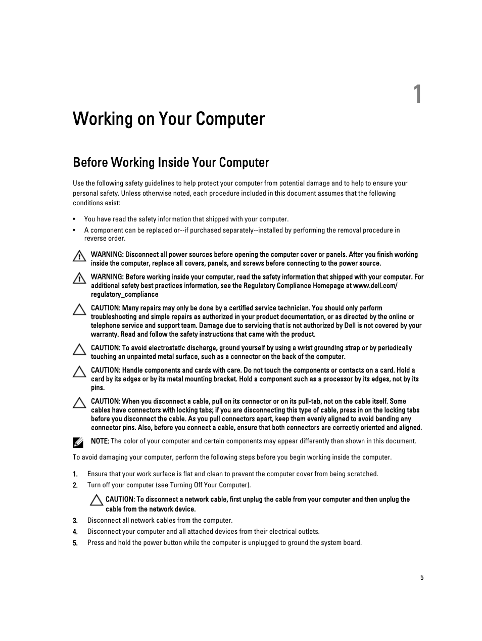 Working on your computer, Before working inside your computer, 1 working on your computer | Dell OptiPlex 7010 (Mid 2012) User Manual | Page 5 / 62