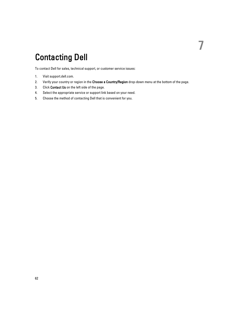 Contacting dell, 7 contacting dell | Dell OptiPlex 7010 (Mid 2012) User Manual | Page 62 / 62