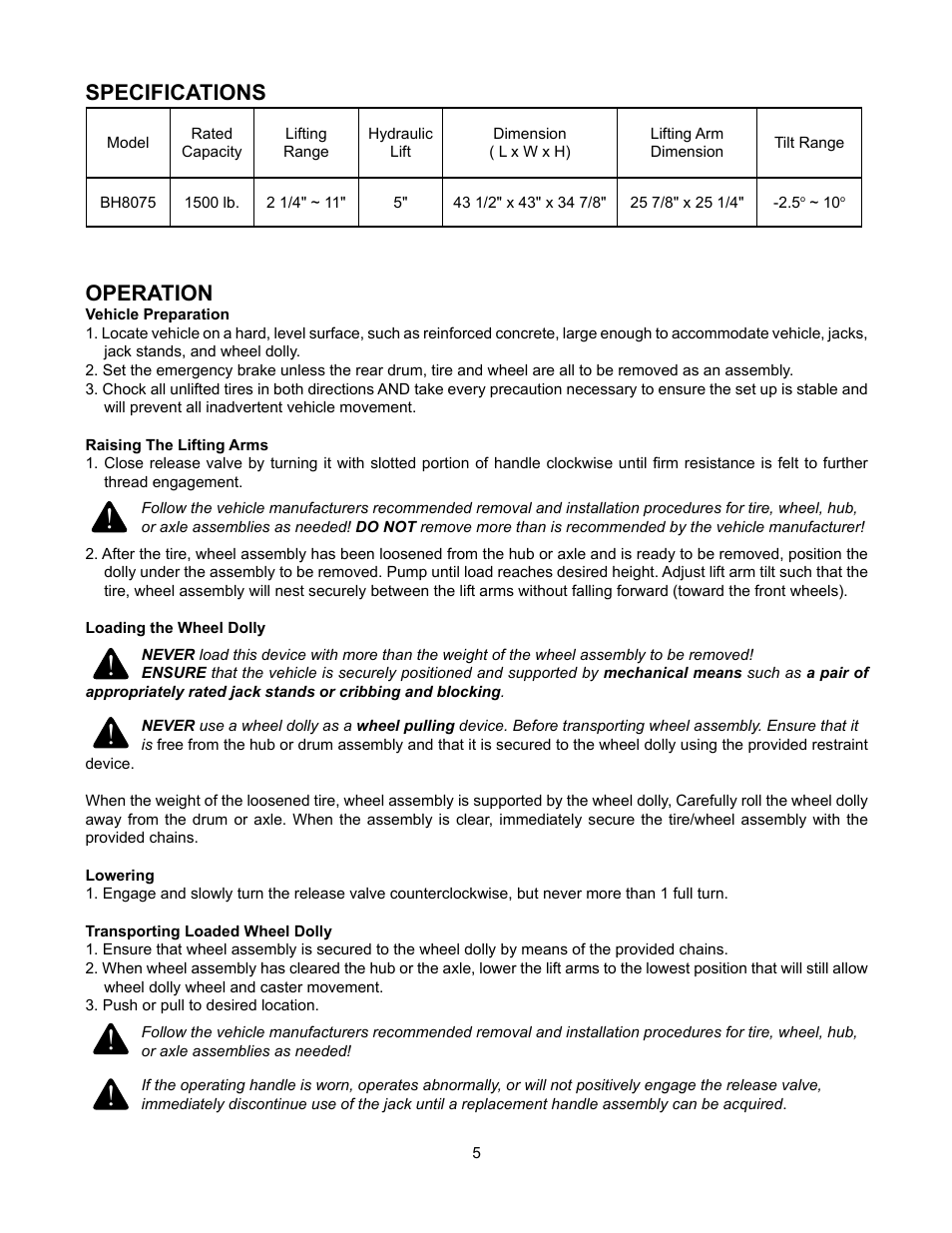 Operation, Specifications | BLACKHAWK! BH8075 User Manual | Page 5 / 8