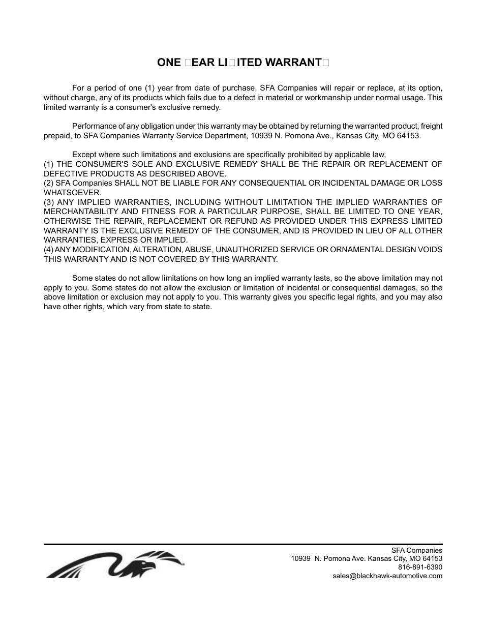 One year limited warranty | BLACKHAWK! BH8075 User Manual | Page 8 / 8