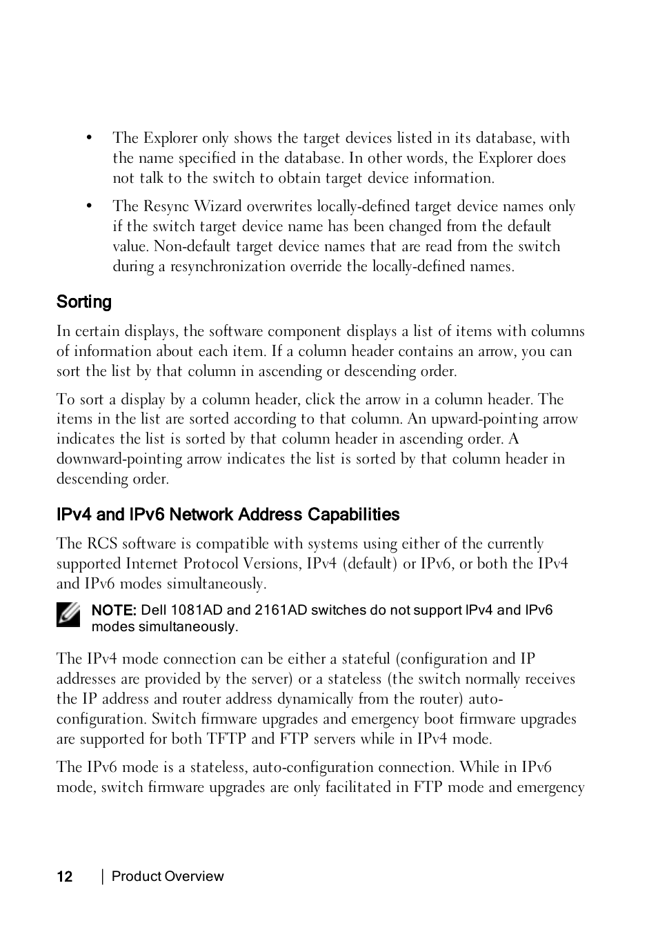 Sorting, Ipv4 and ipv6 network address capabilities | Dell KVM 1082DS User Manual | Page 12 / 114