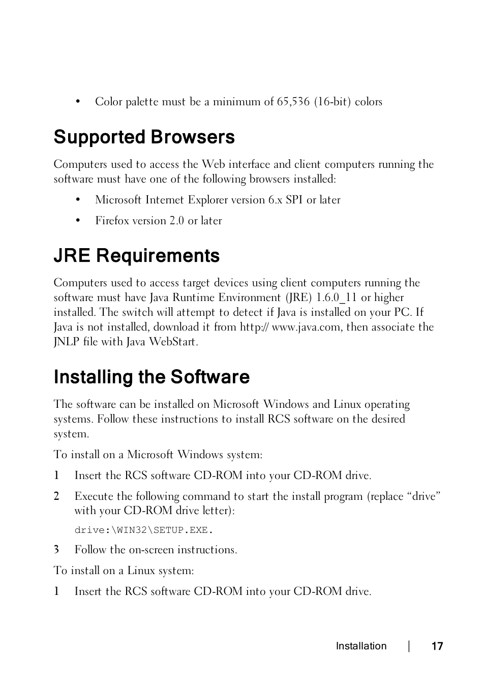 Supported browsers, Jre requirements, Installing the software | Dell KVM 1082DS User Manual | Page 17 / 114