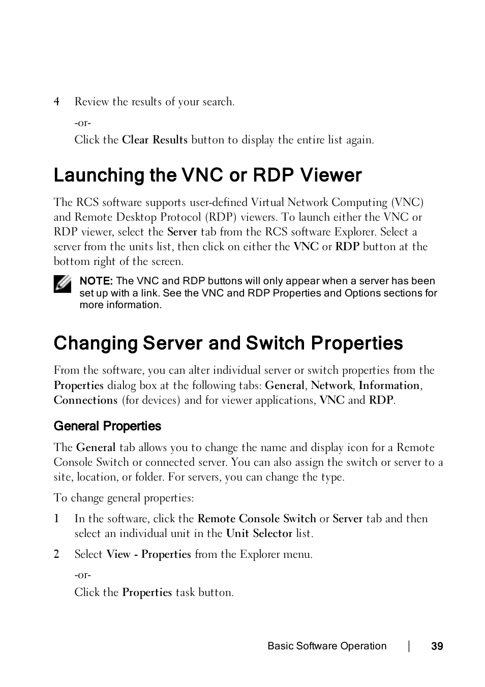 Launching the vnc or rdp viewer, Changing server and switch properties, General properties | Dell KVM 1082DS User Manual | Page 39 / 114