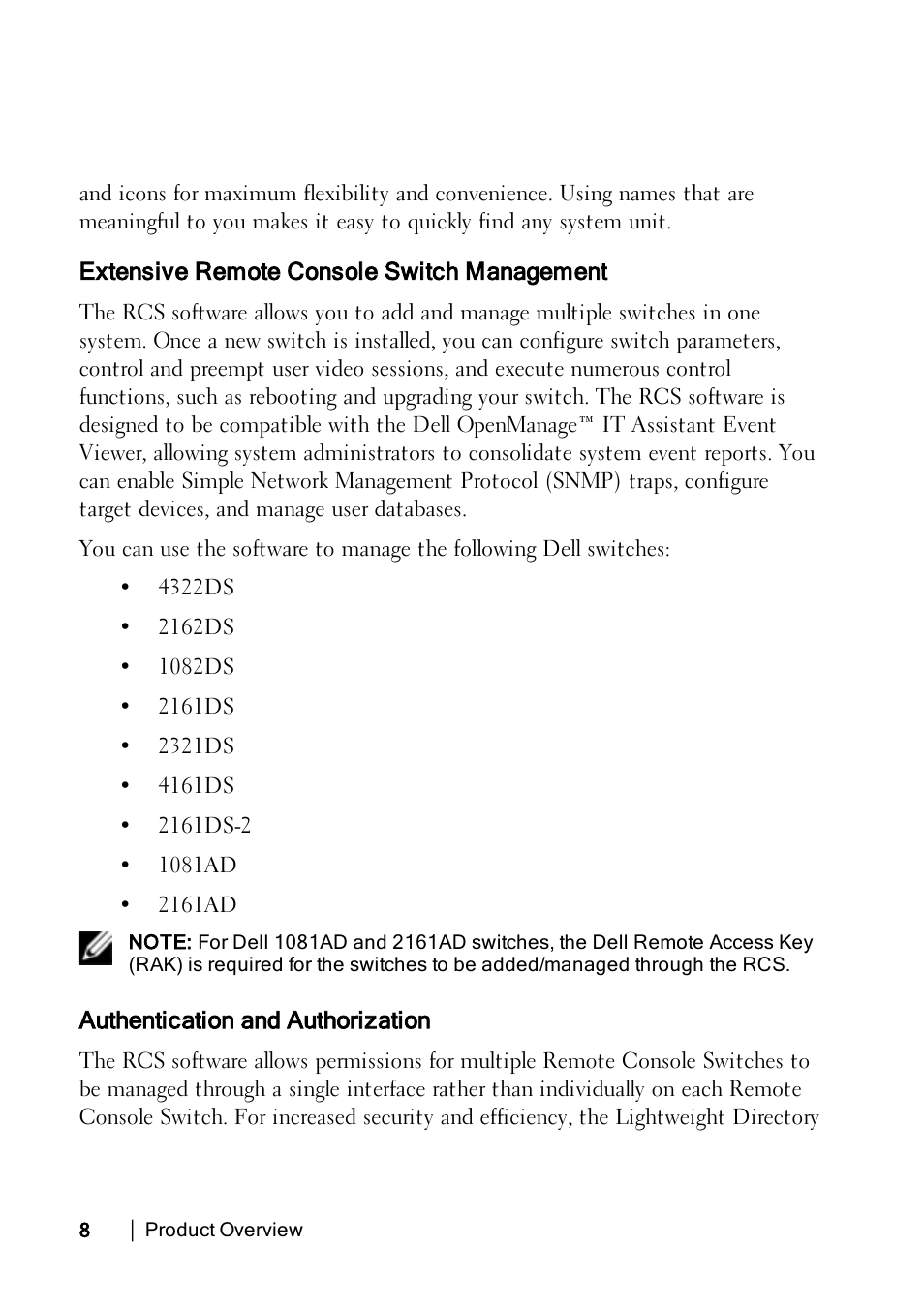 Extensive remote console switch management, Authentication and authorization | Dell KVM 1082DS User Manual | Page 8 / 114