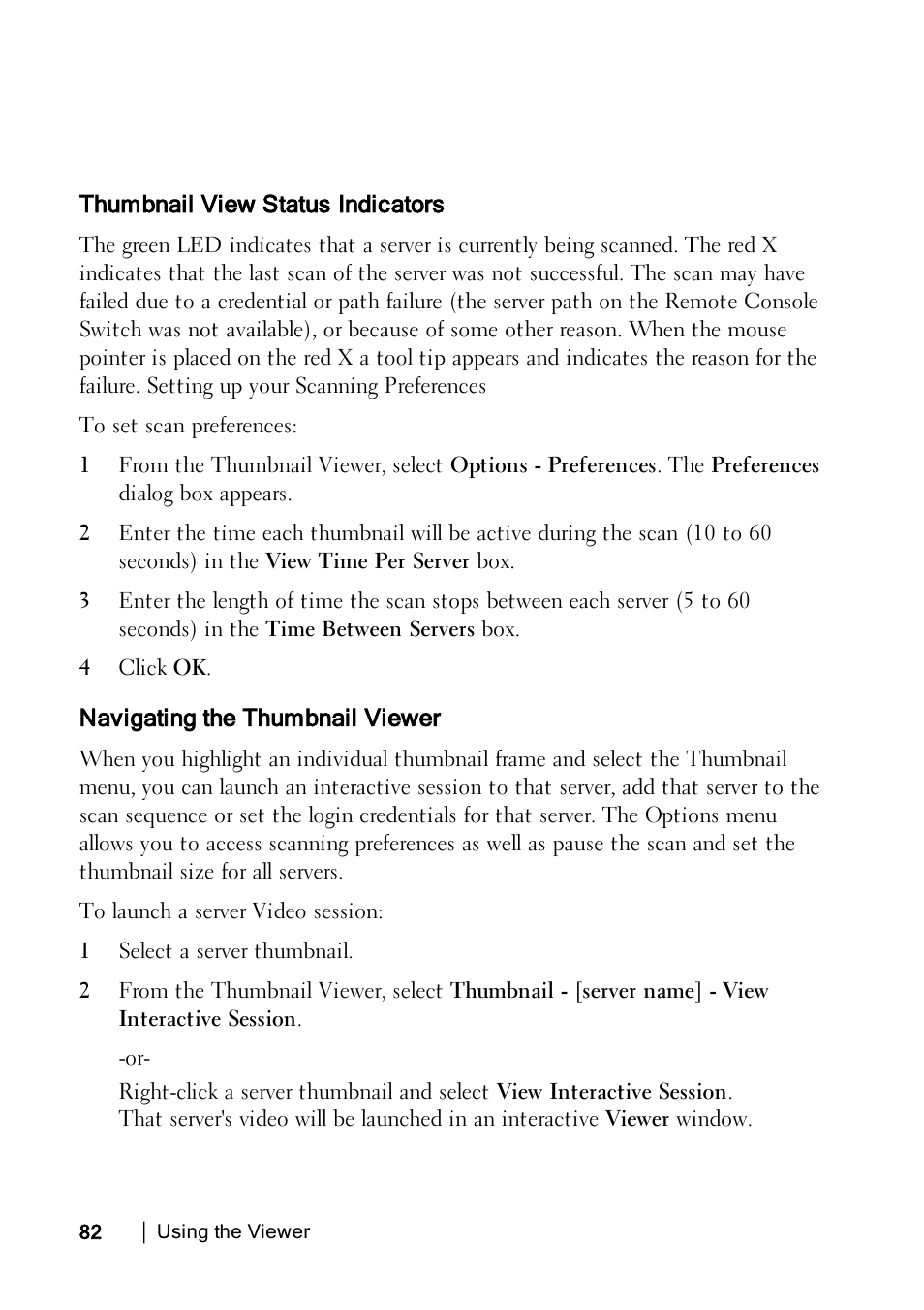 Thumbnail view status indicators, Navigating the thumbnail viewer | Dell KVM 1082DS User Manual | Page 82 / 114