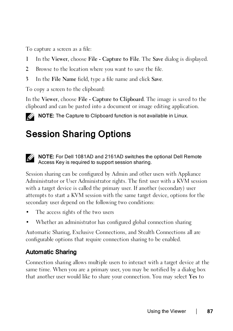 Session sharing options, Automatic sharing | Dell KVM 1082DS User Manual | Page 87 / 114