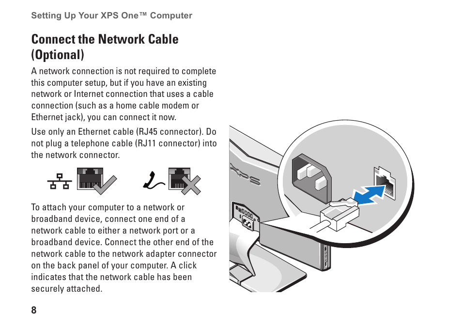 Connect the network cable (optional) | Dell XPS One 24 (Late 2008) User Manual | Page 10 / 80