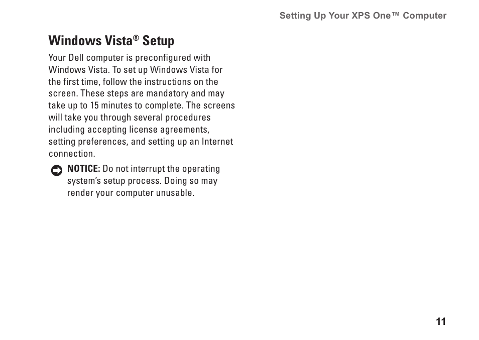Windows vista® setup, Windows vista, Setup | Dell XPS One 24 (Late 2008) User Manual | Page 13 / 80
