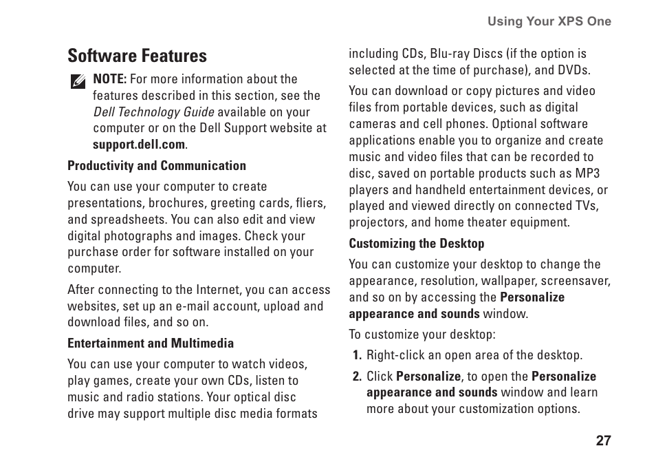 Software features | Dell XPS One 24 (Late 2008) User Manual | Page 29 / 80