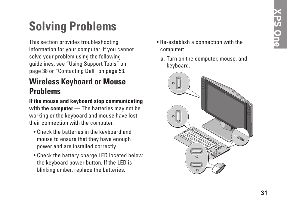 Wireless keyboard or mouse problems, Solving problems, Wireless keyboard or mouse | Problems, Xp s one | Dell XPS One 24 (Late 2008) User Manual | Page 33 / 80