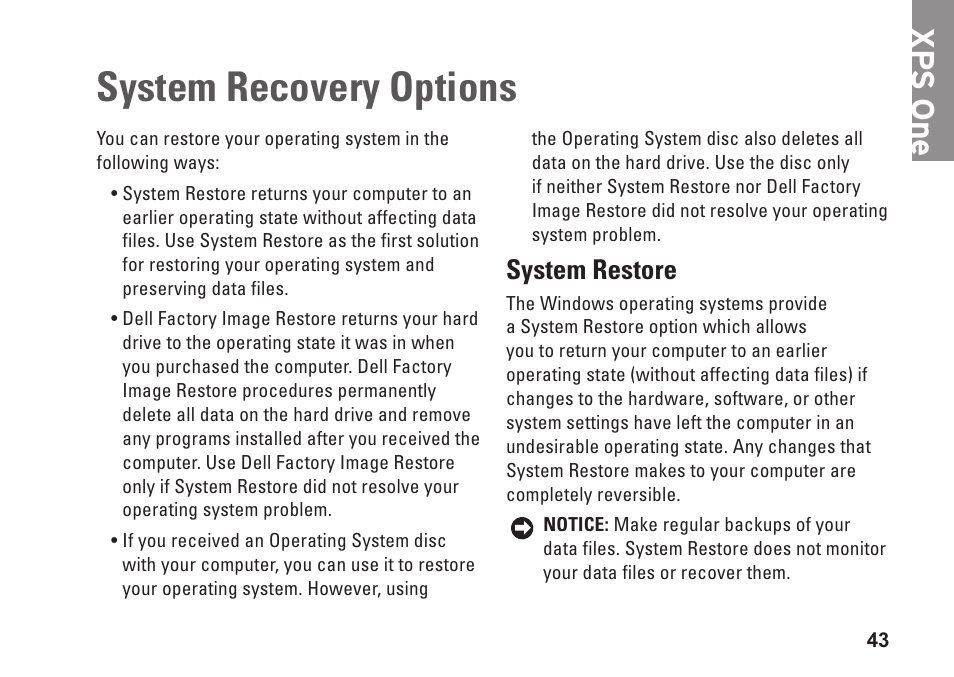 System recovery options, System restore, Xp s one | Dell XPS One 24 (Late 2008) User Manual | Page 45 / 80