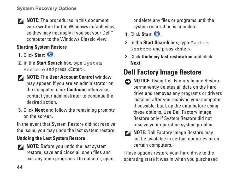 Dell factory image restore | Dell XPS One 24 (Late 2008) User Manual | Page 46 / 80