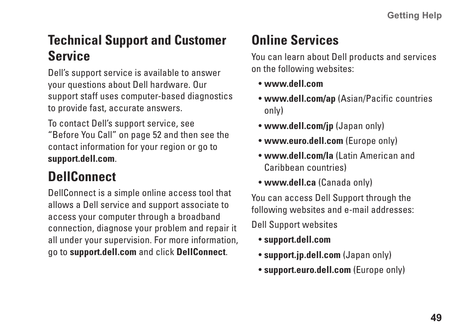 Technical support and customer service, Dellconnect, Online services | Technical support and customer, Service dellconnect online services | Dell XPS One 24 (Late 2008) User Manual | Page 51 / 80