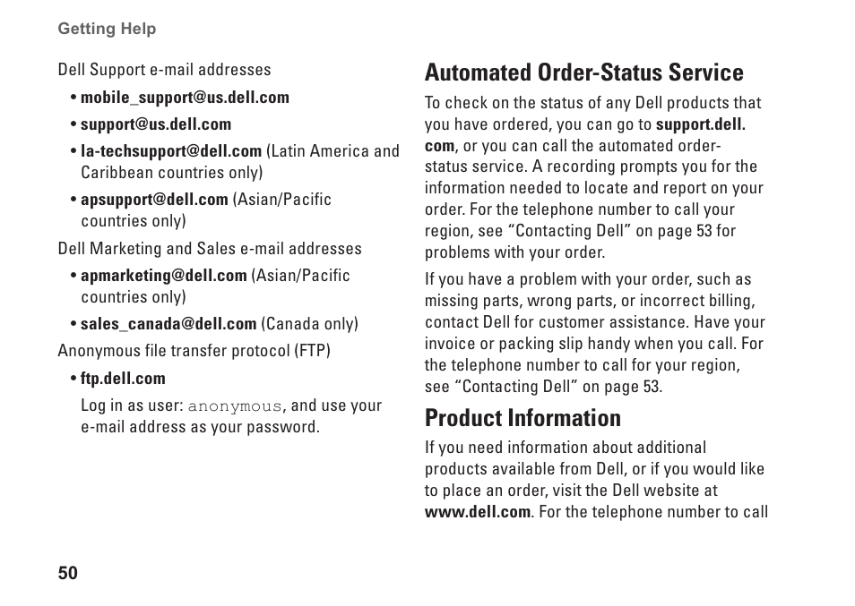 Automated order-status service, Product information, Automated order-status service product information | Dell XPS One 24 (Late 2008) User Manual | Page 52 / 80