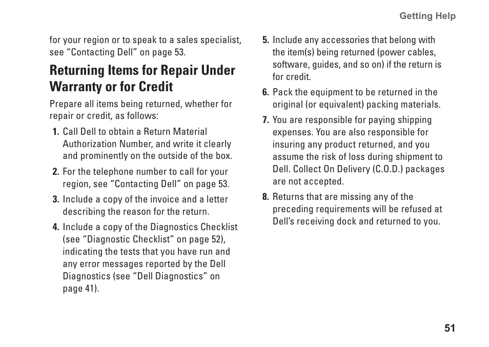 Returning items for repair under, Warranty or for credit | Dell XPS One 24 (Late 2008) User Manual | Page 53 / 80