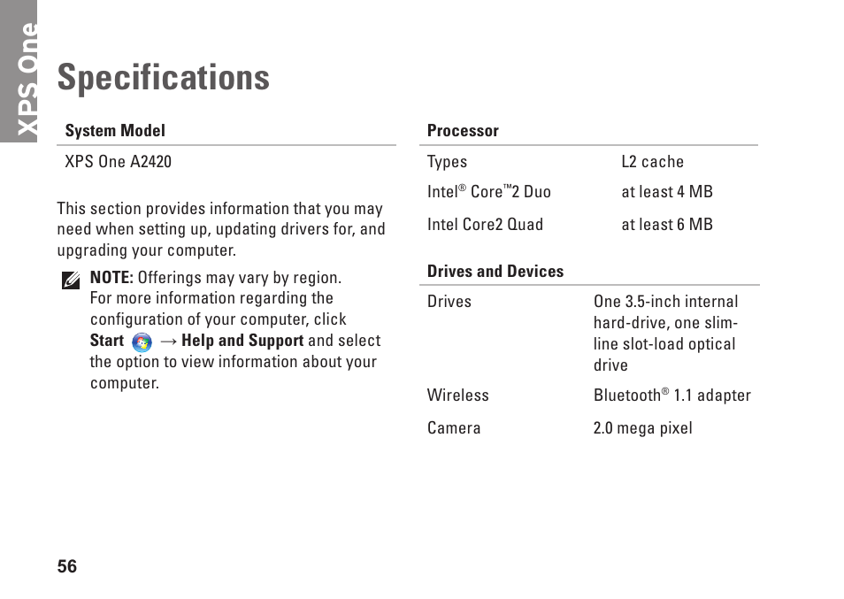 Specifications, Xp s one | Dell XPS One 24 (Late 2008) User Manual | Page 58 / 80