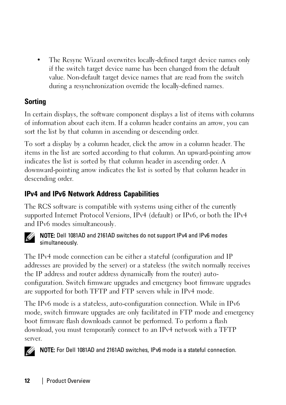 Sorting, Ipv4 and ipv6 network address capabilities | Dell KVM 1081AD/ KVM 2161AD User Manual | Page 12 / 112