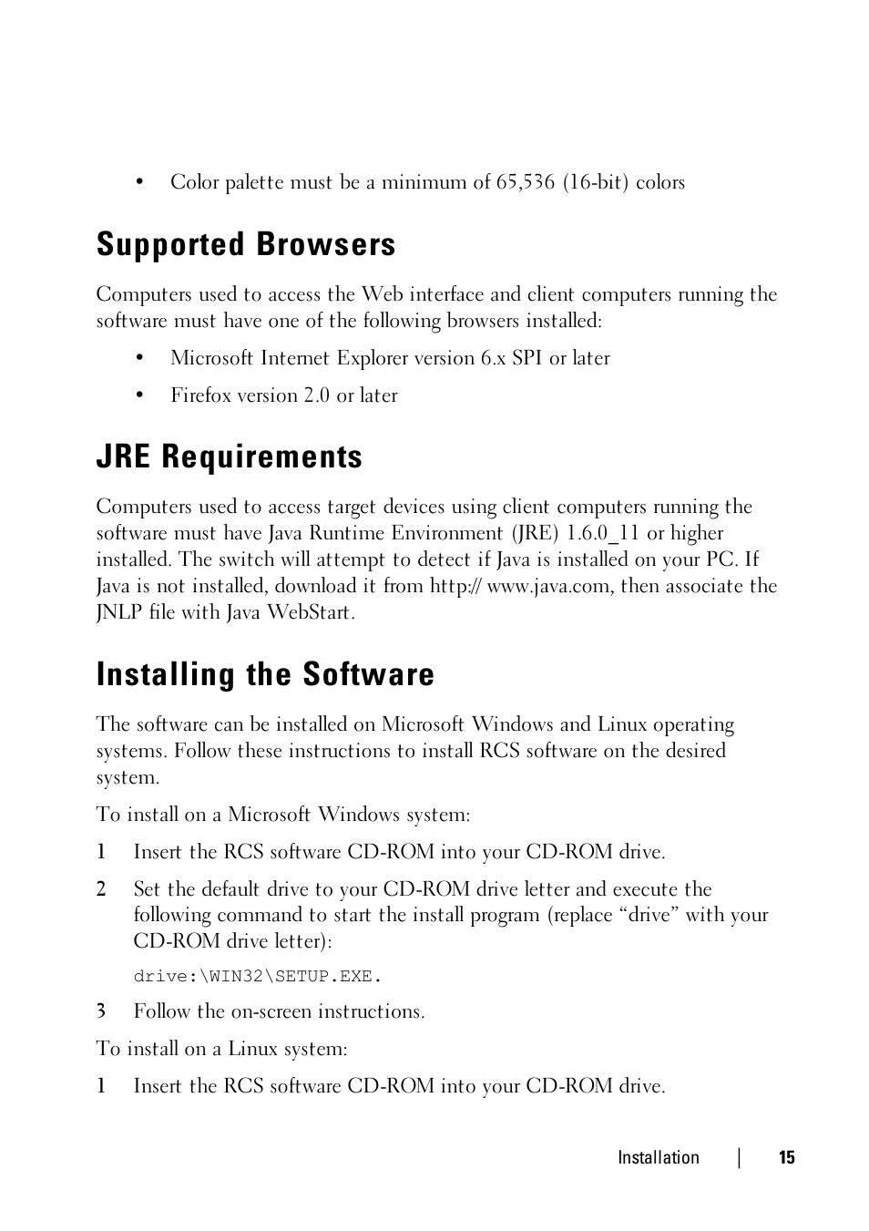 Supported browsers, Jre requirements, Installing the software | Dell KVM 1081AD/ KVM 2161AD User Manual | Page 15 / 112