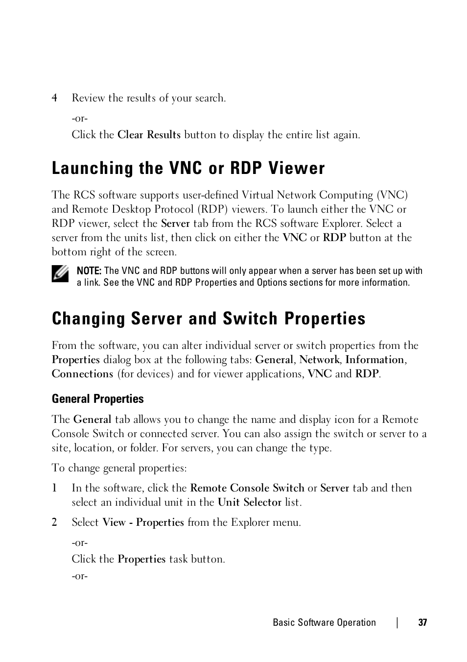 Launching the vnc or rdp viewer, Changing server and switch properties, General properties | Dell KVM 1081AD/ KVM 2161AD User Manual | Page 37 / 112