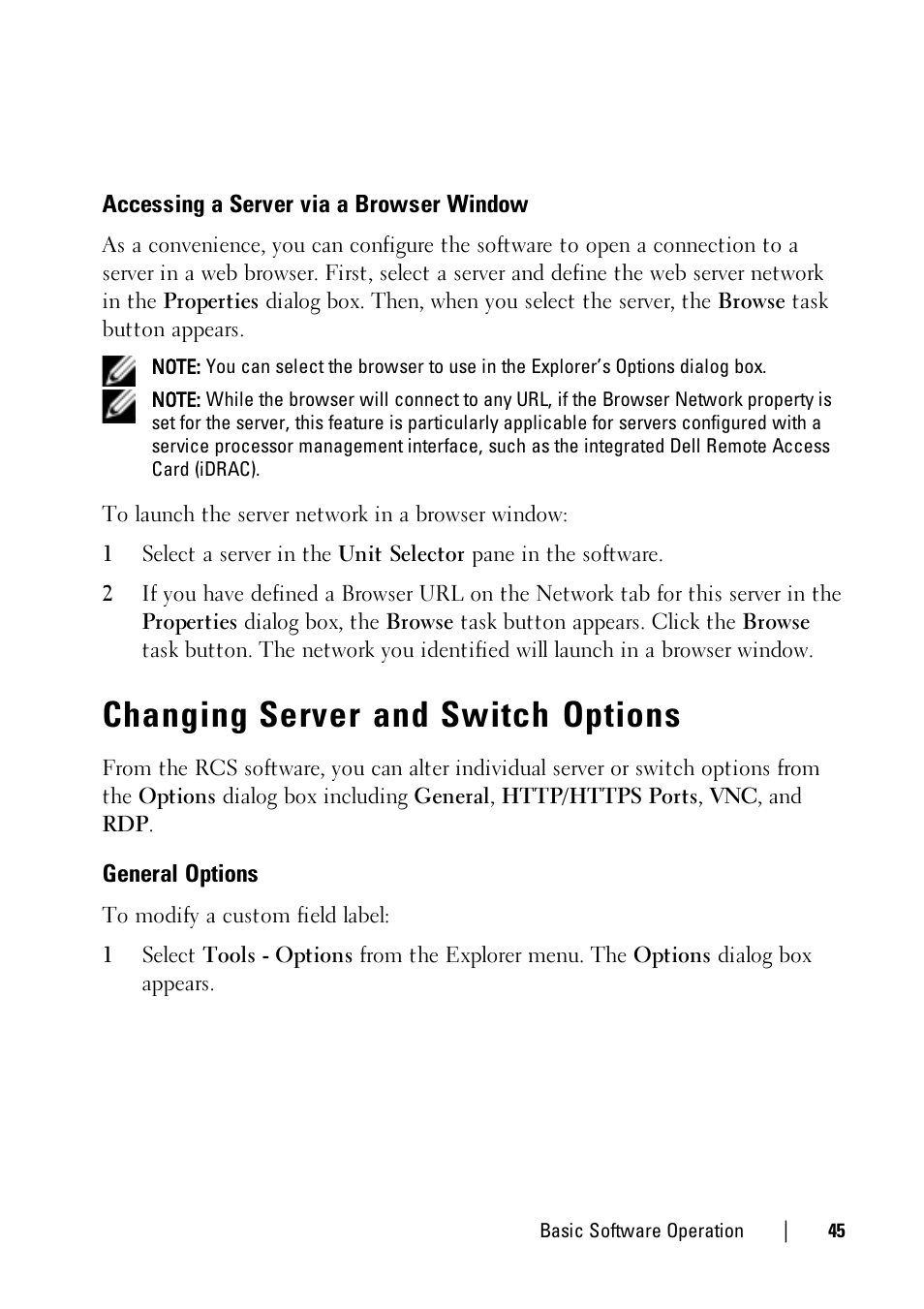Accessing a server via a browser window, Changing server and switch options, General options | Dell KVM 1081AD/ KVM 2161AD User Manual | Page 45 / 112