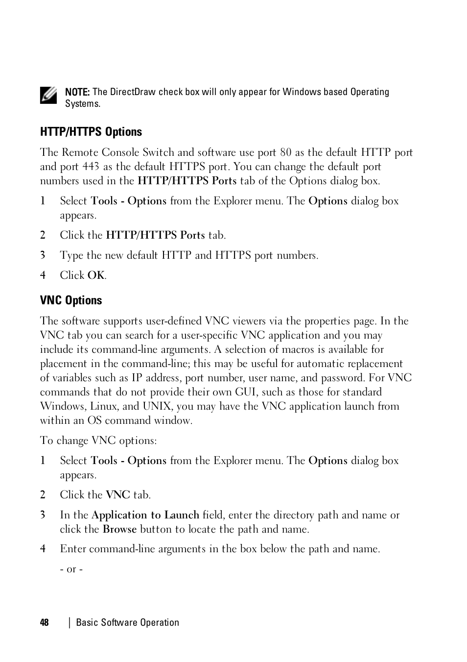 Http/https options, Vnc options | Dell KVM 1081AD/ KVM 2161AD User Manual | Page 48 / 112