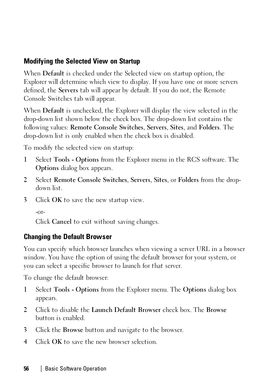 Modifying the selected view on startup, Changing the default browser, Modifyin | Dell KVM 1081AD/ KVM 2161AD User Manual | Page 56 / 112