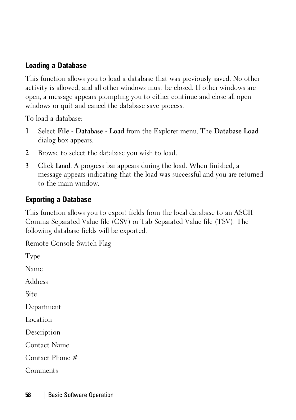 Loading a database, Exporting a database | Dell KVM 1081AD/ KVM 2161AD User Manual | Page 58 / 112