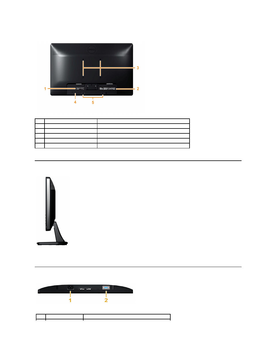 Back view, Side view, Bottom view | Dell E1912H Monitor User Manual | Page 4 / 32